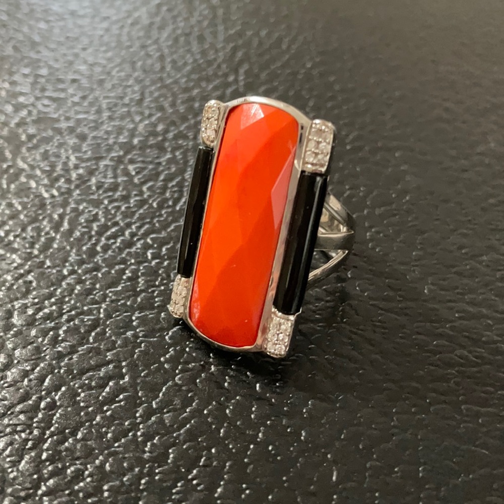 Nikki Hilton Red Stone Silver Cocktail Ring with Black Accents